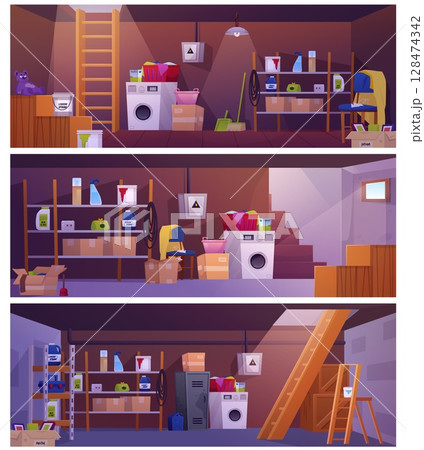 Basement room interior vector flat illustrations set, cartoon storage home cellar with stairs, old furniture and stuff 128474342