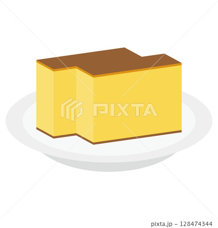 お皿に乗ったカステラのイラスト 128474344
