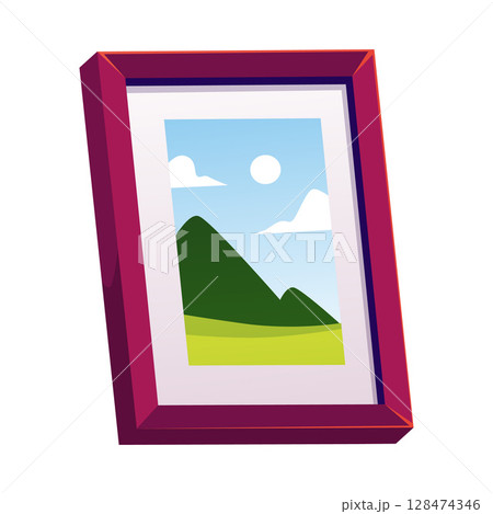 Picture in a wooden frame flat icon, summer nature landscape, cartoon forest hills, field and sky with sun painting 128474346