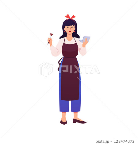 Visagiste in apron with brush and palette of eyeshadow and blush, vector beauty salon stylists with makeup cosmetics 128474372