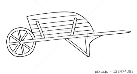 Wooden garden cart. Vector illustration of a village wagon. Hand drawn simple black graphics in doodle style. Outline drawing of transport for farm and harvest. Rural vehicle for gardening, farming. 128474385