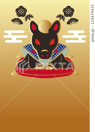 年賀2026　年賀状素材　ふくすけ　福助人形　午年　午　うま　馬　和風　はがきテンプレート　イラスト 128474435