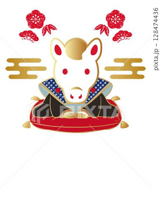 年賀2026　年賀状素材　ふくすけ　福助人形　午年　午　うま　馬　和風　はがきテンプレート　イラスト 128474436