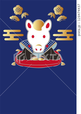 年賀2026　年賀状素材　ふくすけ　福助人形　午年　午　うま　馬　和風　はがきテンプレート　イラスト 128474437