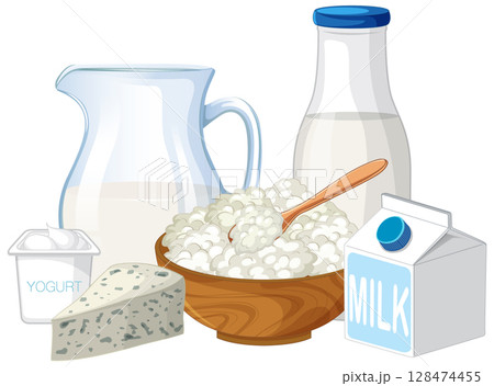 Assorted Dairy Products in Flat Vector Illustration 128474455