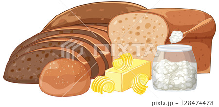 Whole Wheat Bread with Butter and Cottage Cheese Whole Wheat Bread with Butter and Cottage Cheese 128474478