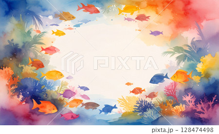 水彩で描いたカラフルな魚たちのフレームのイラスト素材 [128474498
