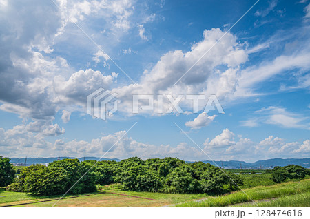 夏の淀川堤防上からの河川敷風景 大阪府枚方市 夏の淀川堤防上からの河川敷風景 大阪府枚方市 128474616