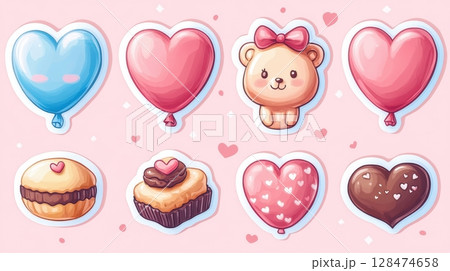 Adorable Valentines Day themed illustrations featuring heart-shaped balloons, a teddy bear, macarons, cupcakes, and chocolates on a pastel pink background adorned with tiny hearts. Adorable Valentines Day themed illustrations featuring heart-shaped balloons, a teddy bear, macarons, cupcakes, and chocolates on a pastel pink background adorned with tiny hearts. 128474658