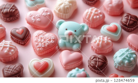 A delightful arrangement of pastel colored heart-shaped chocolates and a cute blue teddy bear-shaped candy on a soft pink background, creating a charming Valentines Day treat display. 128474659