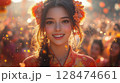 A radiant young woman in vibrant traditional Chinese attire adorned with floral accessories beams with joy amidst a festive crowd, capturing the lively spirit of Chinese New Year celebrations. 128474661
