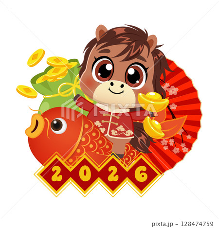Cute horse with gold ingot and koi fish celebrating Chinese new year 2026 128474759