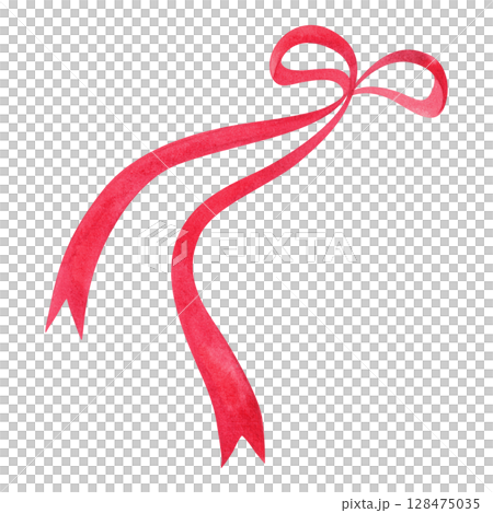 Pink bow made of thin ribbon with flying ends. Isolated watercolor illustration. 128475035