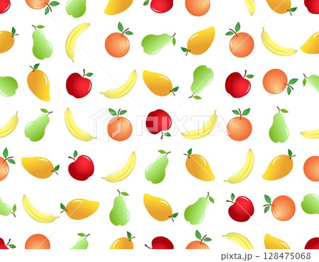 Mix colorful fruits of orange, apple, pear, mango and banana on white background, seamless pattern doodle design.  128475068