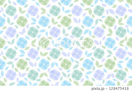 Abstract floral seamless pattern design in gradient green, blue and purple color palette on white background, for background or wallpaper. Abstract floral seamless pattern design in gradient green, blue and purple color palette on white background, for background or wallpaper. 128475418