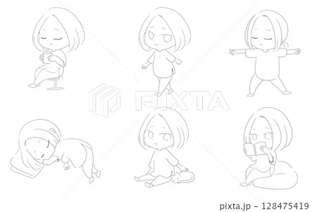 日常を楽しむ女性線画セット 128475419