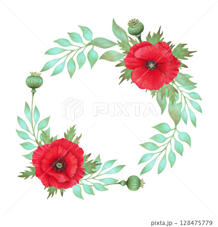 Wreath of red poppy with pods and turquoise branch. Botanical round frame. Watercolor illustration. Hand drawn isolated art. Symbolism of memory and peace. Wild flowers for packaging, invitation Wreath of red poppy with pods and turquoise branch. Botanical round frame. Watercolor illustration. Hand drawn isolated art. Symbolism of memory and peace. Wild flowers for packaging, invitation 128475779