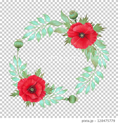 Wreath of red poppy with pods and turquoise branch. Botanical round frame. Watercolor illustration. Hand drawn isolated art. Symbolism of memory and peace. Wild flowers for packaging, invitation Wreath of red poppy with pods and turquoise branch. Botanical round frame. Watercolor illustration. Hand drawn isolated art. Symbolism of memory and peace. Wild flowers for packaging, invitation 128475779