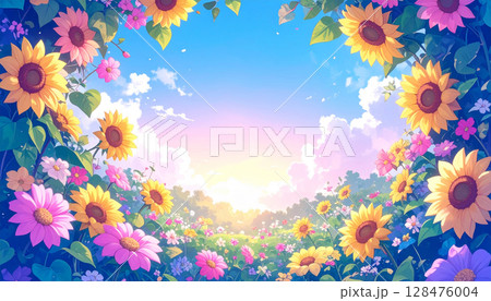 朝日が差し込むひまわり畑の風景 128476004