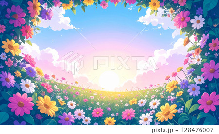 カラフルな花のフレームと太陽に照らされる草原の風景イラスト 128476007