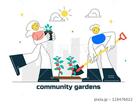 Community Garden Vector Illustration Featuring People Enjoying Their Time at a Public Farm in Town While Taking Care of Plants in a Environmental 128476022