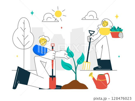 Community Garden Vector Illustration Featuring People Enjoying Their Time at a Public Farm in Town While Taking Care of Plants in a Environmental 128476023