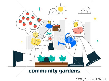 Community Garden Vector Illustration Featuring People Enjoying Their Time at a Public Farm in Town While Taking Care of Plants in a Environmental Community Garden Vector Illustration Featuring People Enjoying Their Time at a Public Farm in Town While Taking Care of Plants in a Environmental 128476024