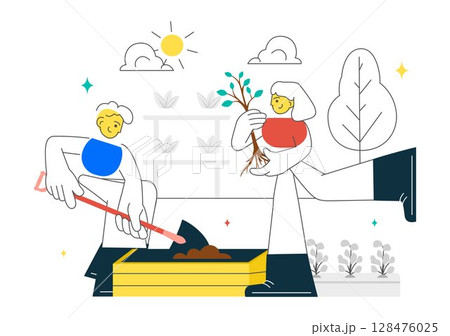 Community Garden Vector Illustration Featuring People Enjoying Their Time at a Public Farm in Town While Taking Care of Plants in a Environmental 128476025