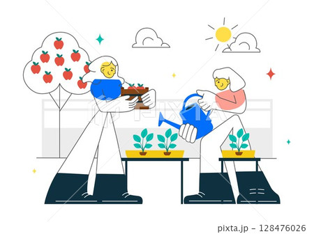 Community Garden Vector Illustration Featuring People Enjoying Their Time at a Public Farm in Town While Taking Care of Plants in a Environmental 128476026