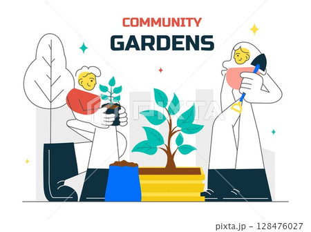 Community Garden Vector Illustration Featuring People Enjoying Their Time at a Public Farm in Town While Taking Care of Plants in a Environmental Community Garden Vector Illustration Featuring People Enjoying Their Time at a Public Farm in Town While Taking Care of Plants in a Environmental 128476027