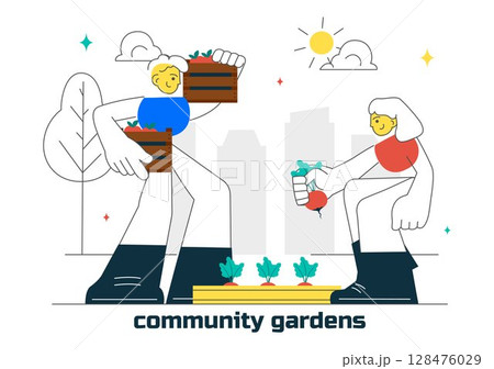 Community Garden Vector Illustration Featuring People Enjoying Their Time at a Public Farm in Town While Taking Care of Plants in a Environmental 128476029