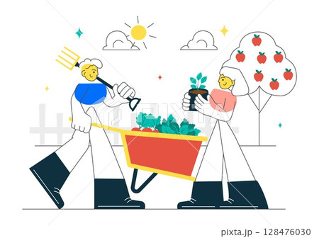 Community Garden Vector Illustration Featuring People Enjoying Their Time at a Public Farm in Town While Taking Care of Plants in a Environmental 128476030