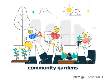 Community Garden Vector Illustration Featuring People Enjoying Their Time at a Public Farm in Town While Taking Care of Plants in a Environmental 128476031