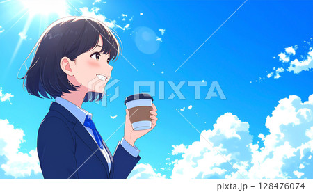 夏の入道雲の下でコーヒーを飲む20代の日本人OL　ビジネス 128476074