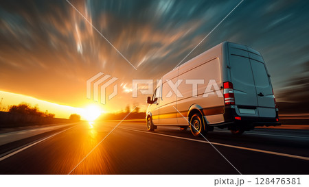 夕暮れ時の曲がりくねった道路を走る白いバン 128476381