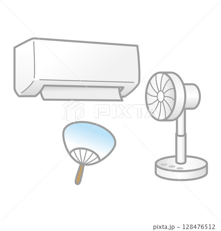 熱中症対策アイテム　クーラーと扇風機　イラスト 128476512
