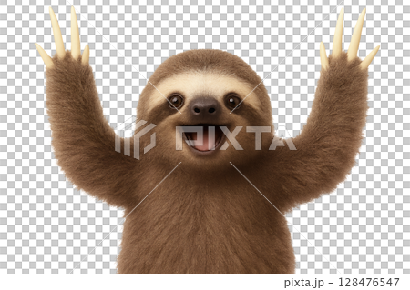 Happy sloth with hands raised in joy 128476547