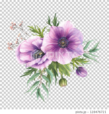 Purple flowers bouquet. Watercolor Anemone, Windflowers Pink buds with eucalyptus green leaves. Isolated realistic clipart for wedding, birthday greeting card floral design. Hand drawn illustration Purple flowers bouquet. Watercolor Anemone, Windflowers Pink buds with eucalyptus green leaves. Isolated realistic clipart for wedding, birthday greeting card floral design. Hand drawn illustration 128476721