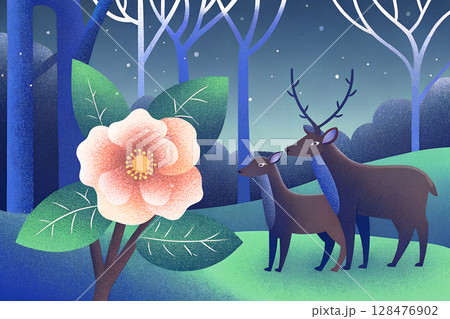 椿の花と森の前の鹿のカップル 128476902
