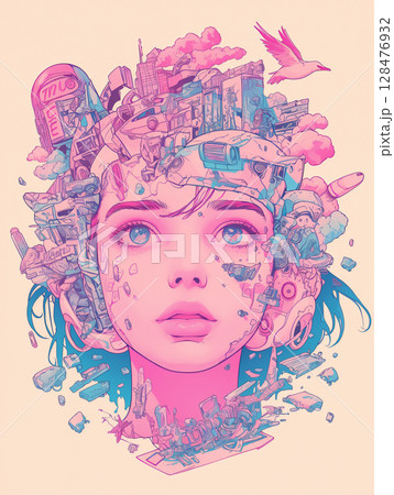 女の子のコラージュアート 女の子のコラージュアート 128476932