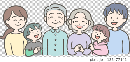Illustration of a three-generation family with grandparents, parents, and grandchildren smiling 128477141