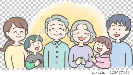 祖父母・父母・孫が笑顔の3世代家族のイラスト 128477142