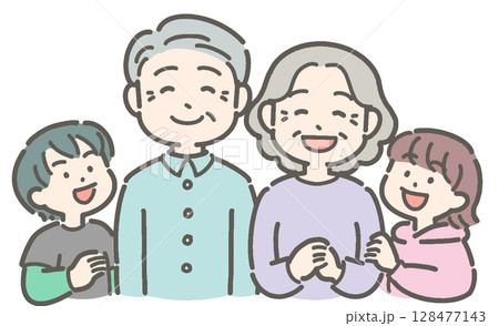 祖父母・孫が笑顔の家族のイラスト 128477143