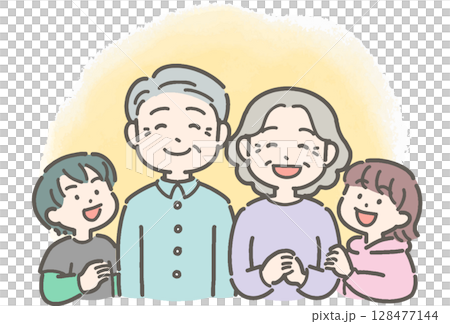 祖父母和孫子女微笑的家庭插圖 祖父母和孫子女微笑的家庭插圖 128477144