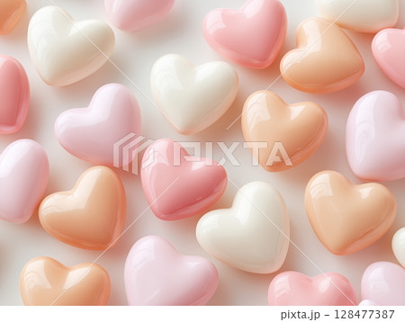 淡い色の可愛い立体ハートが並ぶ背景 128477387