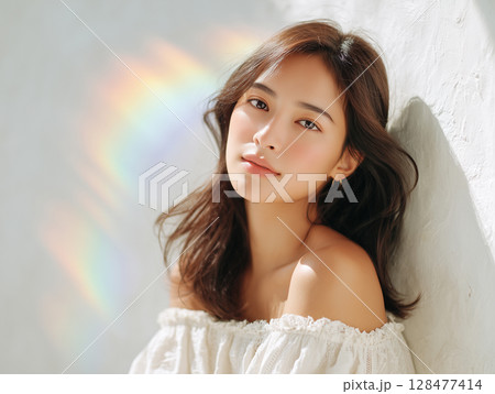 オフショルダーと虹が印象的な女性 128477414
