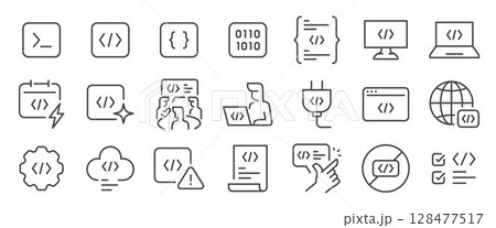 Code icon set. It included coding, programming, binary, developer, api, plugin, and more icons. Code icon set. It included coding, programming, binary, developer, api, plugin, and more icons. 128477517