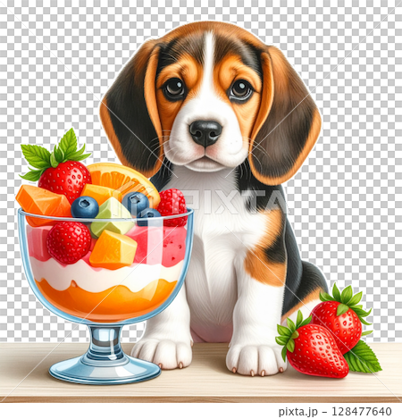 水果芭菲和小獵犬小狗插圖4/傳單和海報材料 128477640