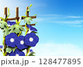 夏空に青色の朝顔の暑中見舞いのハガキテンプレート 128477895