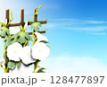 夏空に白色の朝顔の暑中見舞いのハガキテンプレート 128477897